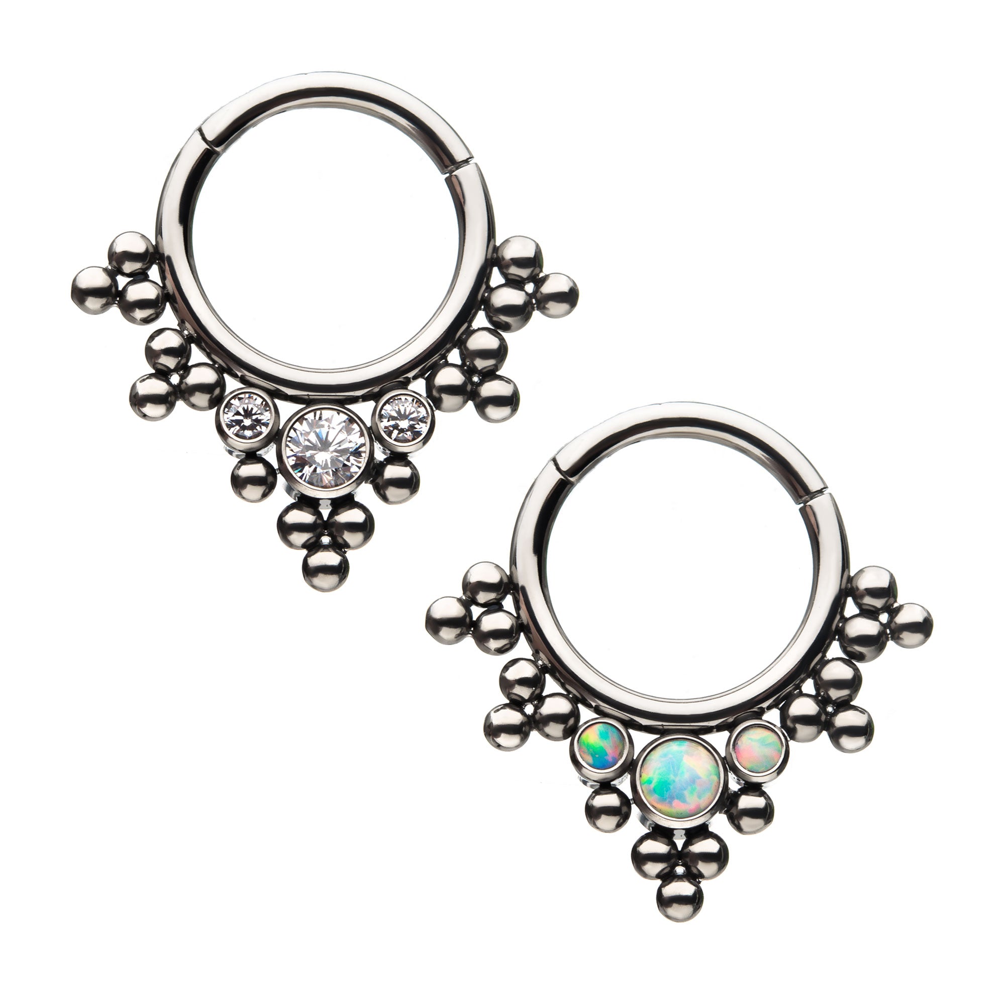 Titanium Triple Cluster Bezel CZ/Opal V-Shape Front Facing Hinged Segment Clicker