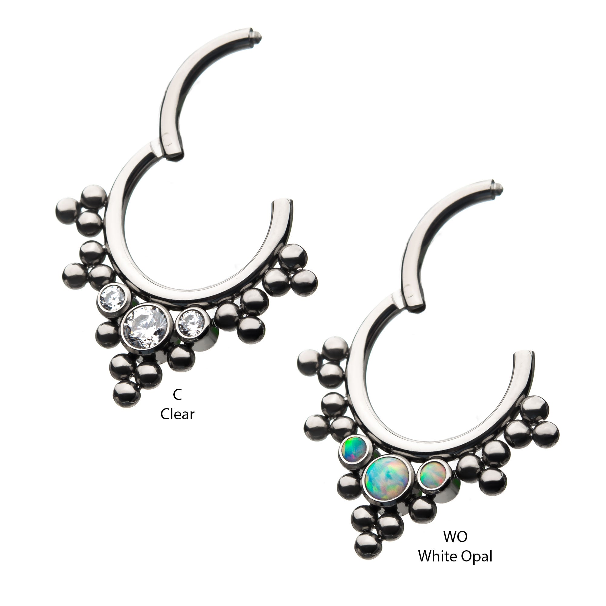 Titanium Triple Cluster Bezel CZ/Opal V-Shape Front Facing Hinged Segment Clicker