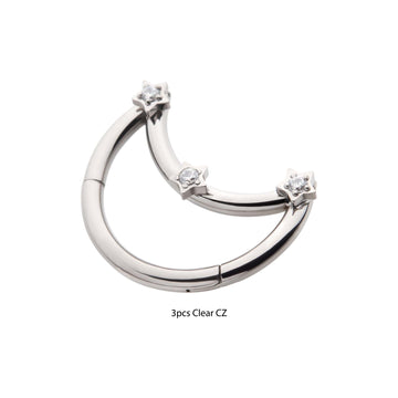 Titanium Crescent Moon Triple Star CZ Front Facing Hinged Segment Clicker