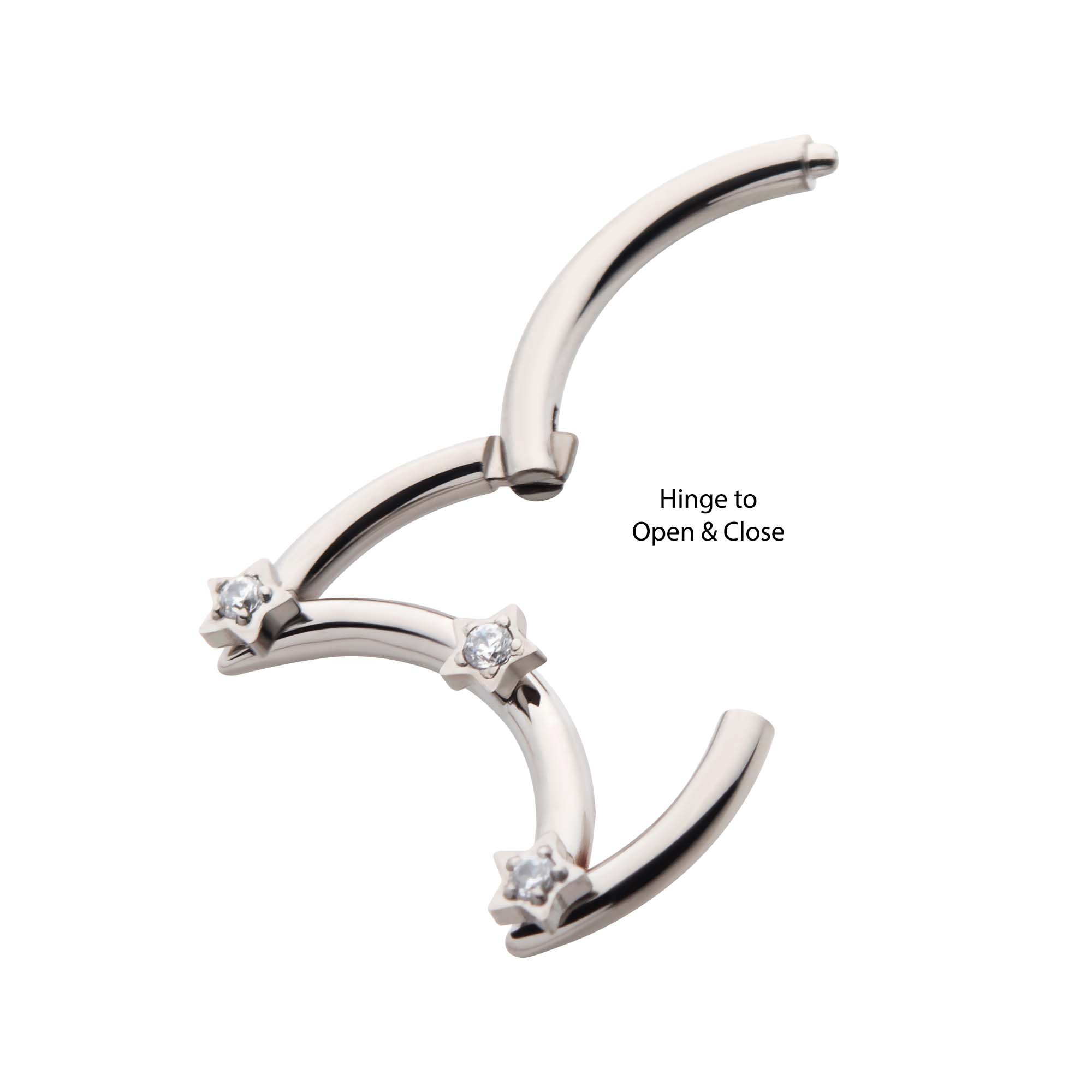 Titanium Crescent Moon Triple Star CZ Front Facing Hinged Segment Clicker
