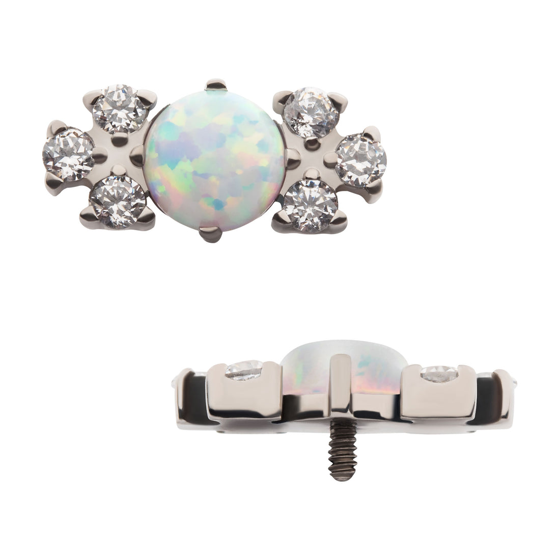 Titanium Internally Threaded with 3-Cluster CZ & Centerpiece Synthetic Opal Top