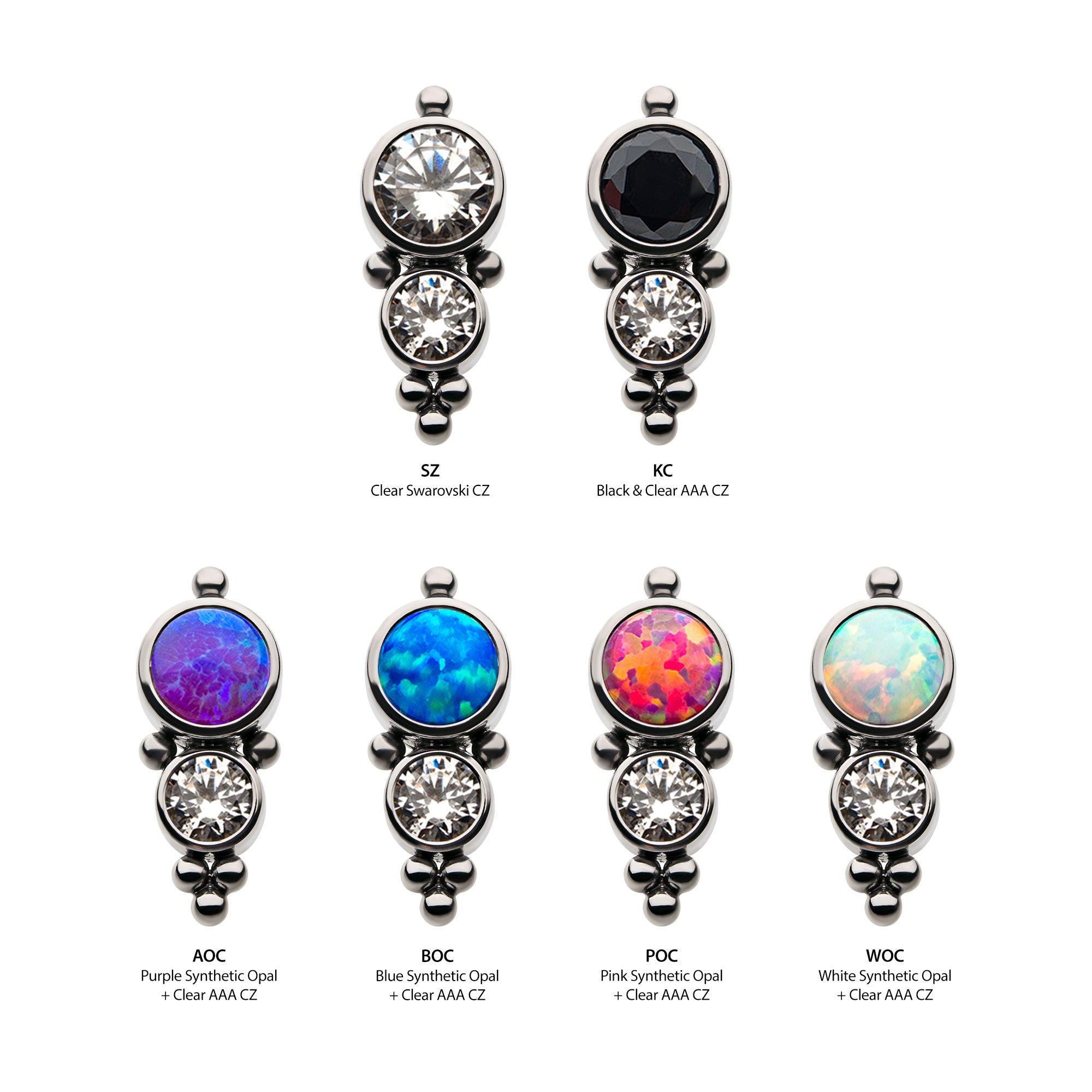 Titanium Internally Threaded with 2pcs Synthetic Opal/AAA CZ/Swarovski Zirconia & Beads Cluster Top