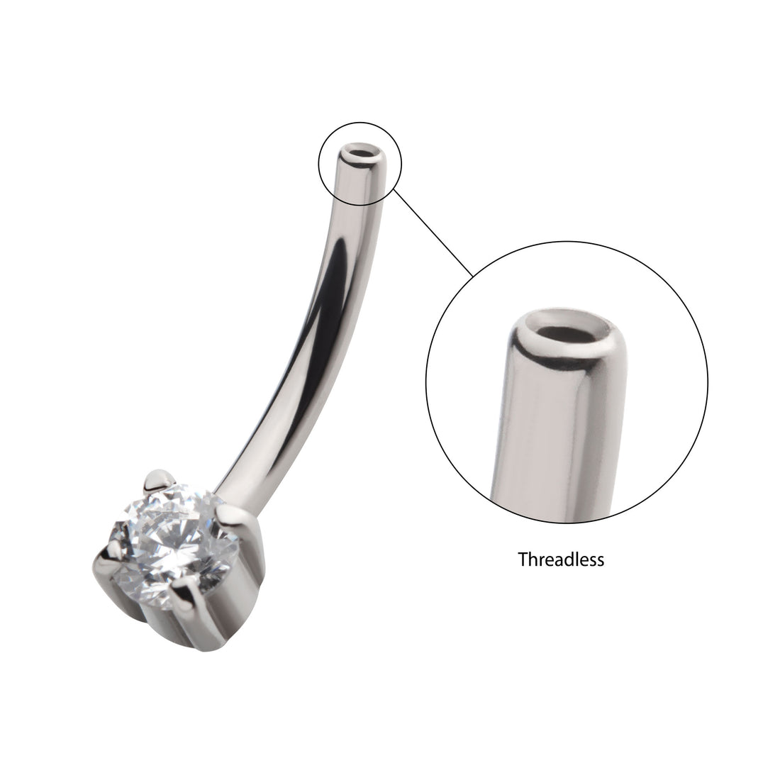 Titanium Threadless Fixed Prong CZ Curved Barbell