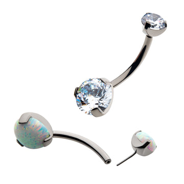Titanium Threadless Prong Round AAA CZ/Synthetic Opal Detachable Top and Fixed Bottom Navel Curve