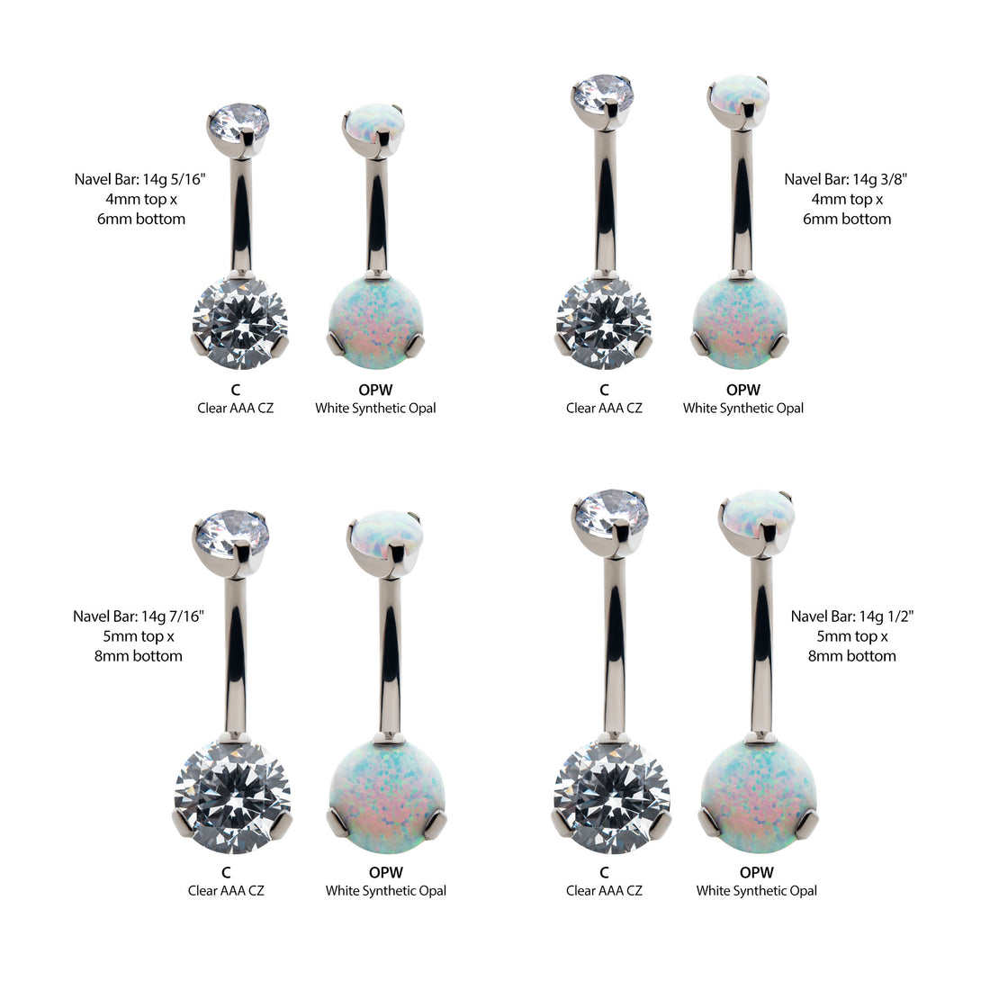 Titanium Threadless Prong Round AAA CZ/Synthetic Opal Detachable Top and Fixed Bottom Navel Curve