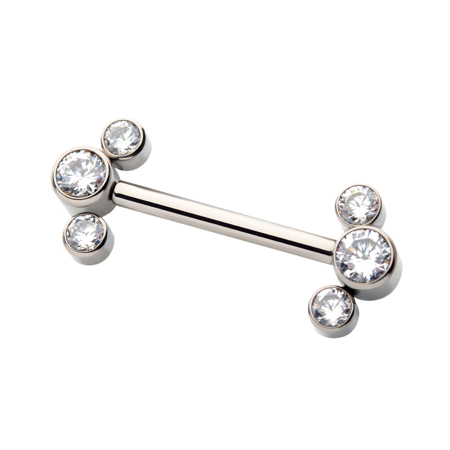 Titanium with One Side Fixed & One Side Threadless Nipple Barbell with Bezel Set CZ 3-Cluster Ends