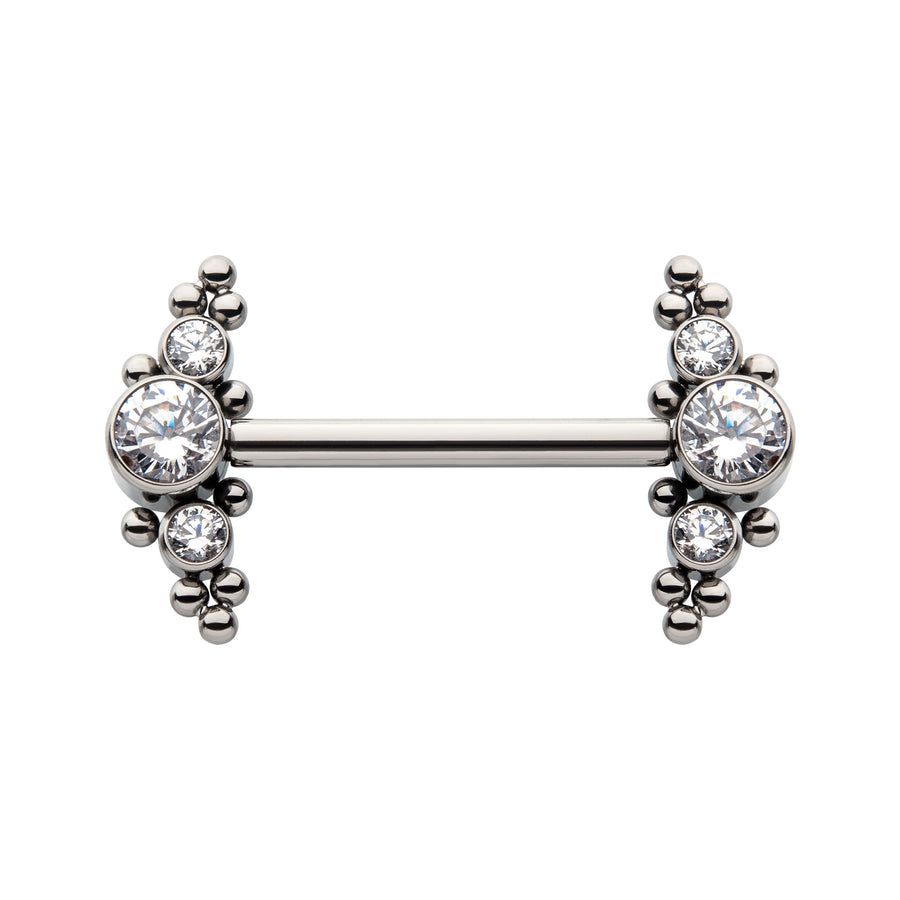 Titanium with One Side Fixed & One Side Threadless Nipple Barbell with Trio Beads & Bezel Set CZ 3-Cluster Ends