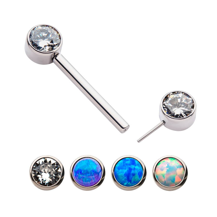 Titanium with One Side Fixed & One Side Threadless Nipple Barbell with Bezel Set CZ/Opal Ends