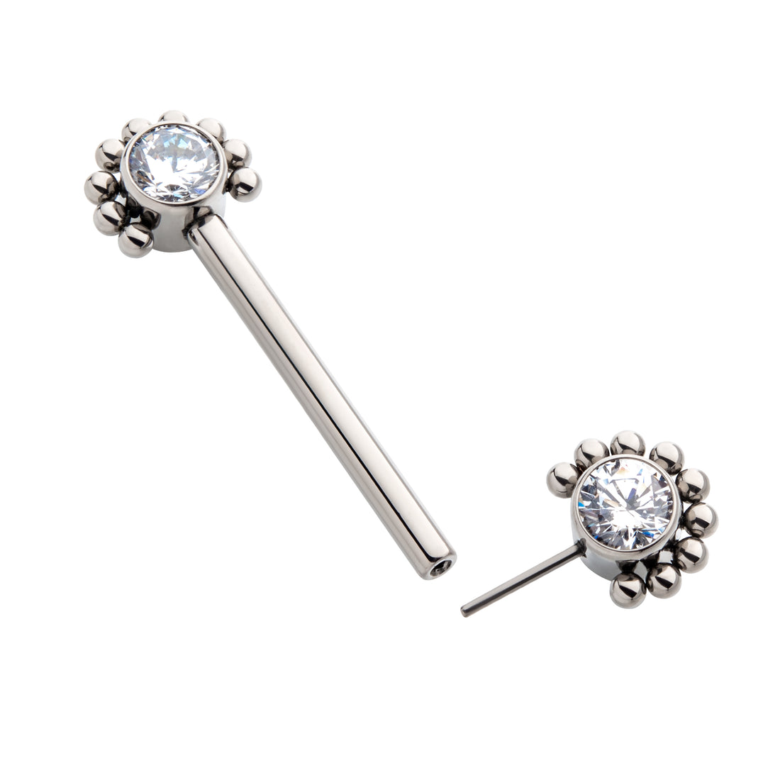 Titanium with One Side Fixed & One Side Threadless Nipple Barbell with Clustered Beads &  Bezel Set CZ Ends
