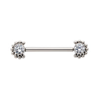 Titanium with One Side Fixed & One Side Threadless Nipple Barbell with Clustered Beads &  Bezel Set CZ Ends