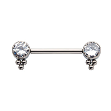 Titanium with One Side Fixed & One Side Threadless Nipple Barbell with Trio Bead &  Bezel Set CZ Ends